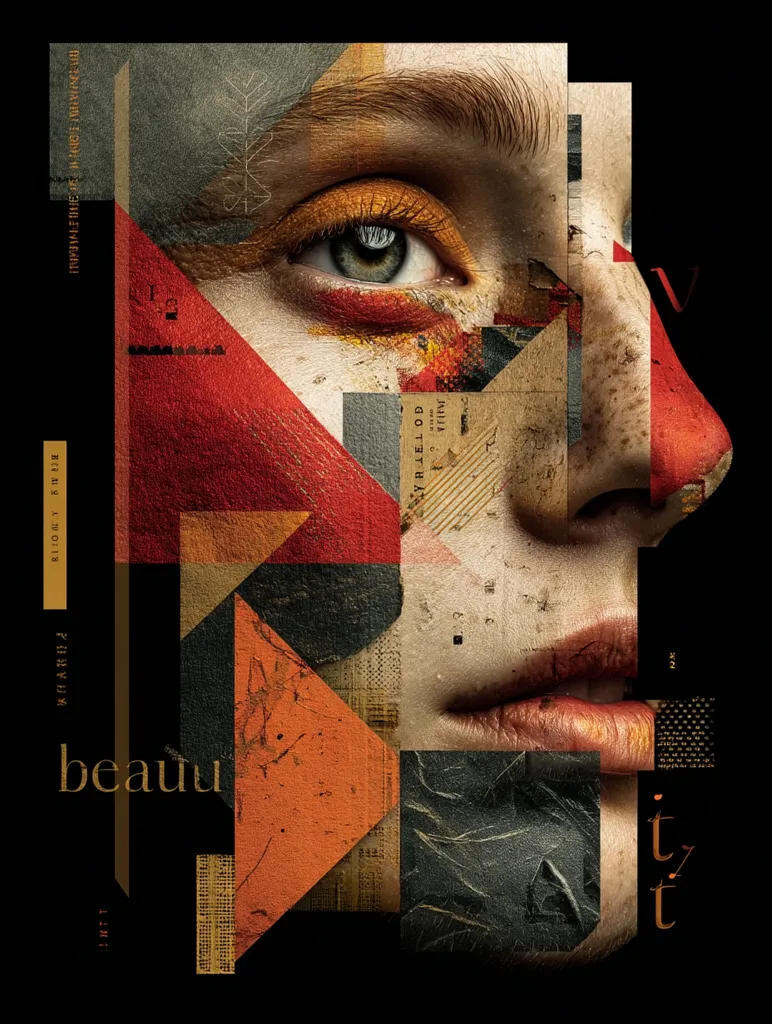 A stylized female face is fragmented and collaged with geometric shapes and textured papers in shades of burnt orange, deep red, and black.  The eye is prominently featured, accentuated with gold eyeshadow. The overall effect is a modern, abstract depiction of beauty, with a blend of vintage and contemporary aesthetics. The word "beauty" is partially visible, suggesting the theme.