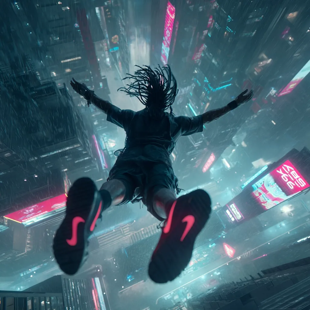 A person with dreadlocks falls headfirst from a great height above a futuristic, rain-soaked city.  Their arms are outstretched, and neon signs illuminate the towering buildings below. The individual is wearing dark clothing and sneakers with glowing red accents.  The scene is dramatic and visually striking, suggestive of a high-stakes action sequence.