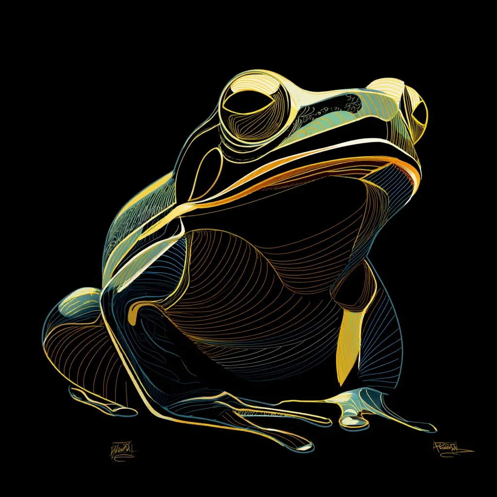 A stylized illustration of a frog dominates the image.  Rendered in gold and teal lines against a black background, the artwork gives the impression of an X-ray or anatomical drawing.  The frog's posture is relaxed, its form depicted with intricate, flowing lines highlighting its musculature and structure. The style is abstract and artistic, emphasizing form and line over photorealism.