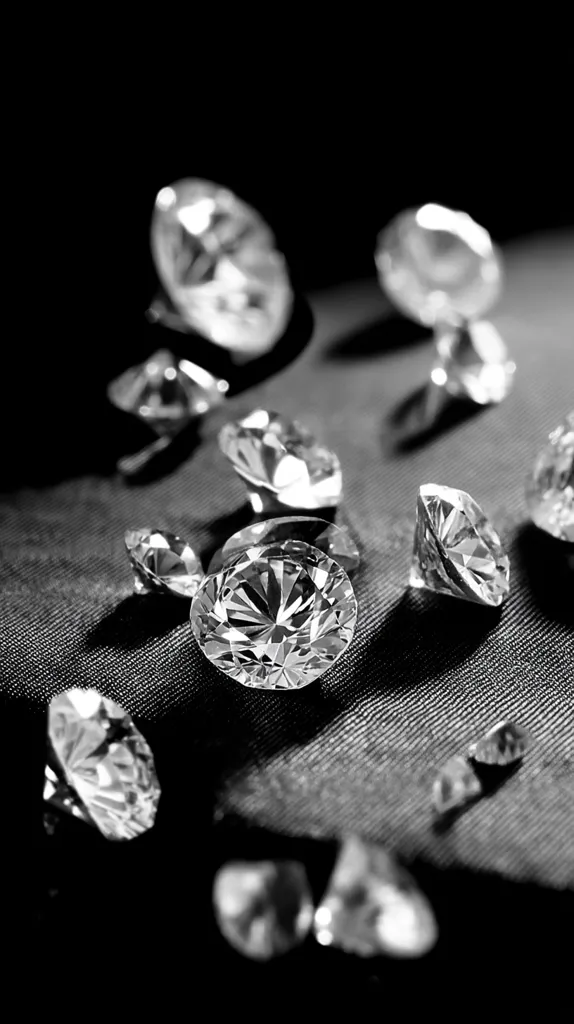 A collection of sparkling diamonds scattered on a dark, textured surface.  The diamonds vary in size and facet, catching the light in brilliant highlights and shadows. The monochrome image emphasizes the gems' reflective qualities, creating a luxurious and dramatic effect.  The dark background enhances their brilliance.