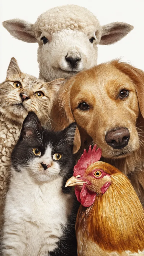 A charming group portrait features a fluffy lamb at the center, flanked by a golden retriever, two cats (a tabby and a tuxedo cat), and a rooster. The animals are positioned closely together, creating a friendly and heartwarming scene. The image is meticulously detailed, showcasing the unique textures of each animal's fur and feathers.  The overall impression is one of peaceful companionship.