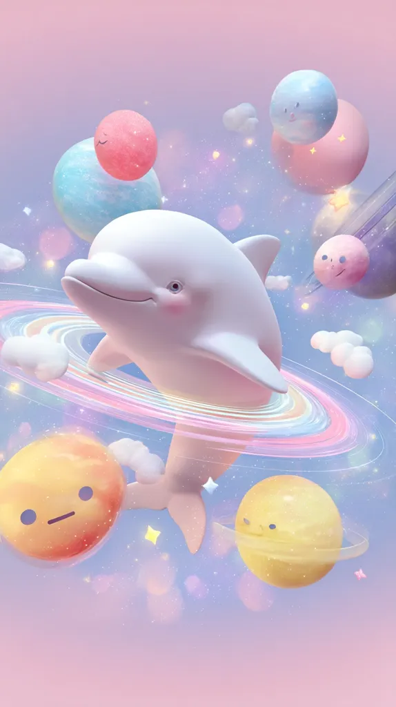 A cute, cartoonish white dolphin playfully swims through a pastel-colored galaxy.  Surrounding it are planets with whimsical faces, each a soft shade of pink, blue, and yellow.  The scene is dreamy and whimsical, filled with sparkling stardust and swirling rings of rainbow light. The overall aesthetic is sweet and childlike.