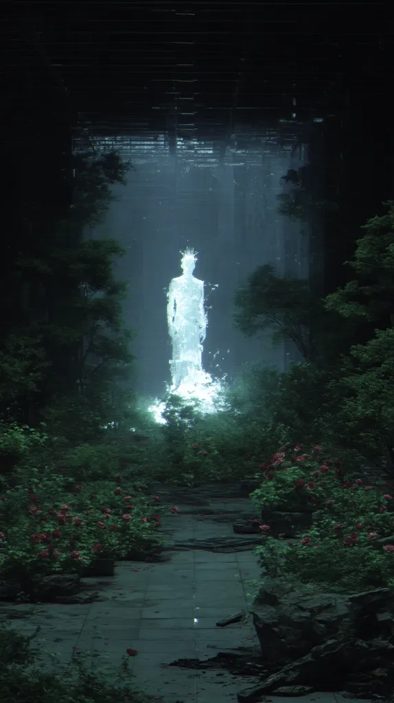 A luminous, ethereal figure, crowned and seemingly composed of water, stands in a dimly lit, overgrown garden.  The figure is the central focus, radiating a soft, pale light against the dark background of lush foliage and a stone pathway. The overall mood is serene yet mysterious, with a fantastical or otherworldly quality.