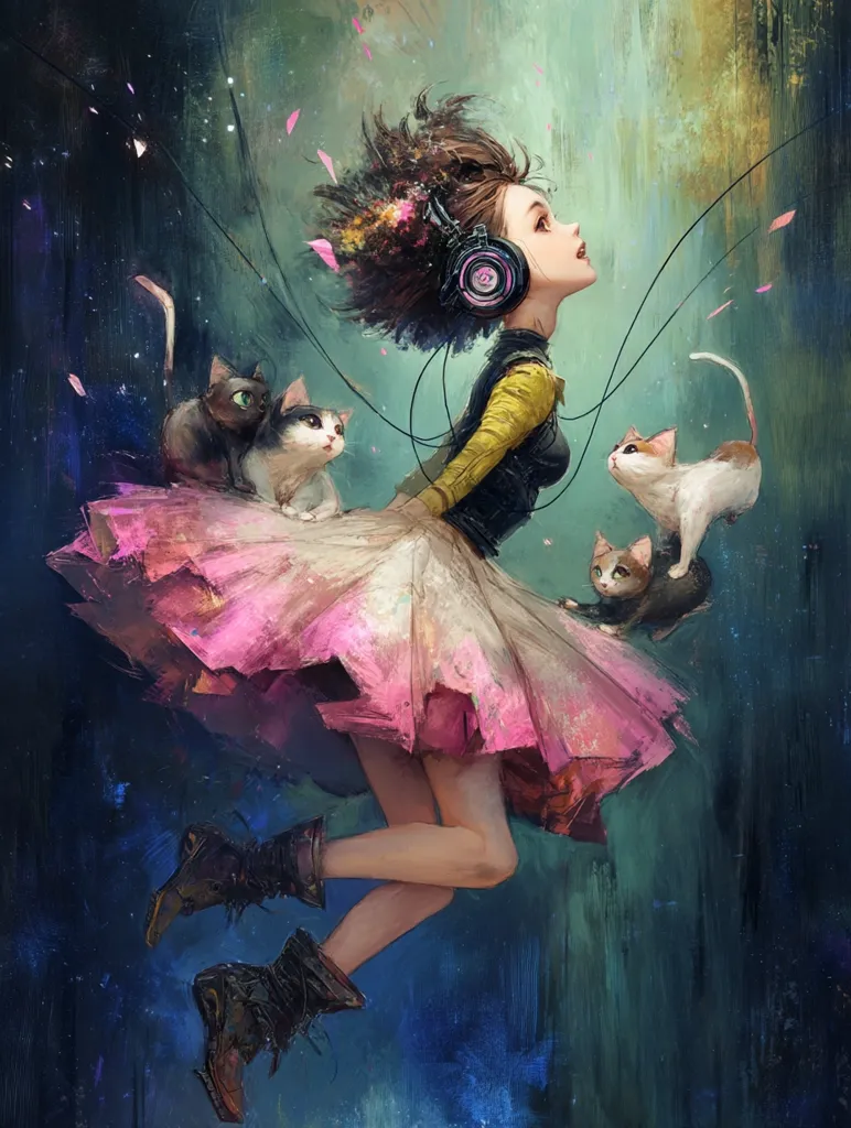 A whimsical painting depicts a girl with vibrant, windblown hair wearing headphones and a pink tutu.  She floats amidst a swirling, dark teal background, surrounded by three small cats.  Pink blossoms drift around her, adding to the ethereal, dreamlike quality of the scene. The girl's expression is serene, and her boots suggest movement, creating a sense of joyous flight.