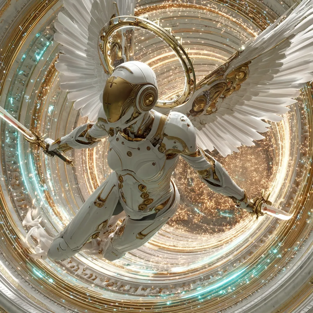 A robotic angel, clad in white and gold armor, glides through a swirling, ethereal vortex of light.  Large, feathery wings extend from its back, and it wields a gleaming sword. The scene is opulent and celestial, with gold accents and a halo encircling its head, suggesting a divine or technologically advanced being of immense power.  The overall aesthetic blends futuristic technology with classical angelic imagery.