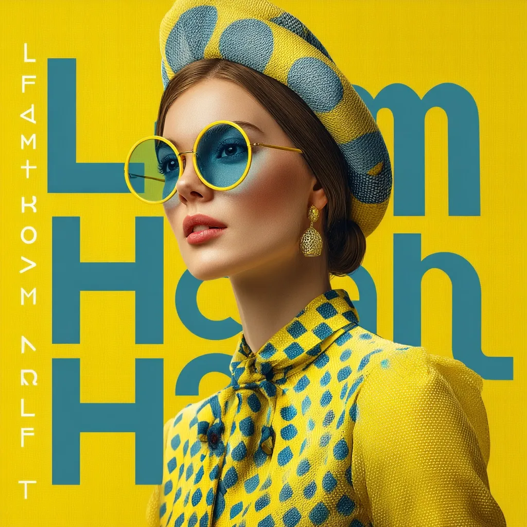 A fashion model, with a stylish yellow and blue polka dot hat and matching dress, poses against a vibrant yellow backdrop.  She wears oversized round blue sunglasses and gold earrings, creating a retro, 60s-inspired look.  Large teal lettering partially obscures the image, adding a graphic design element. The overall aesthetic is bold and colorful.