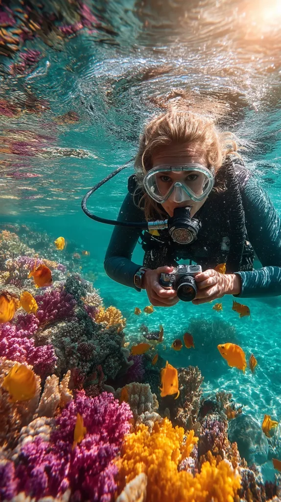 A woman scuba diver, equipped with a camera, explores a vibrant coral reef teeming with colorful fish. Sunlight filters through the crystal-clear water, illuminating the diverse marine life and the diver's underwater adventure.  The scene captures the beauty and tranquility of the underwater world.