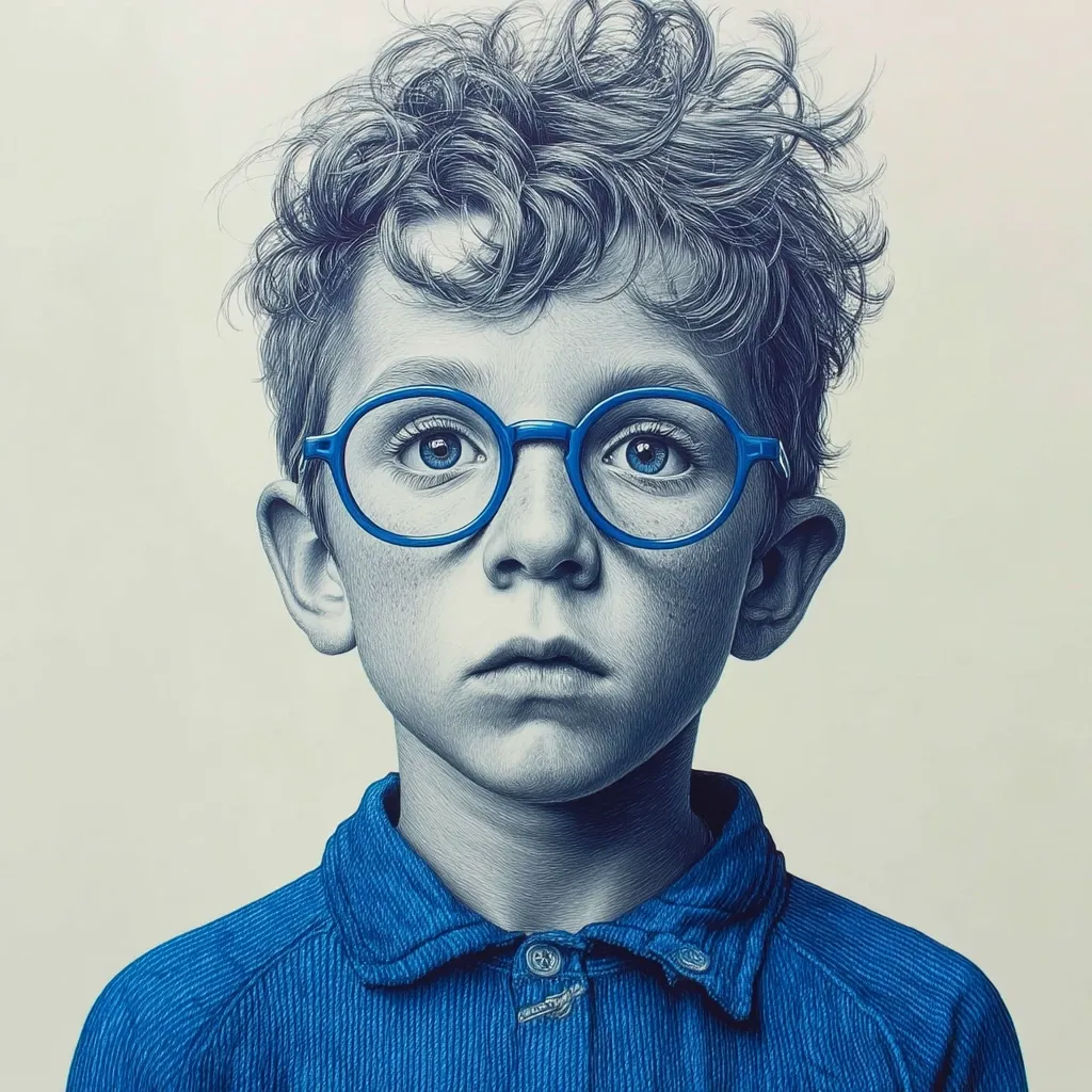 A detailed pencil drawing depicts a young boy with curly hair wearing bright blue, round glasses and a blue shirt. His expression is serious, almost pensive, and his gaze is directly at the viewer. The artist's meticulous shading creates a realistic texture in the boy's hair and clothing.  The contrast between the boy's serious expression and the vibrant blue of his glasses adds to the image's captivating effect.