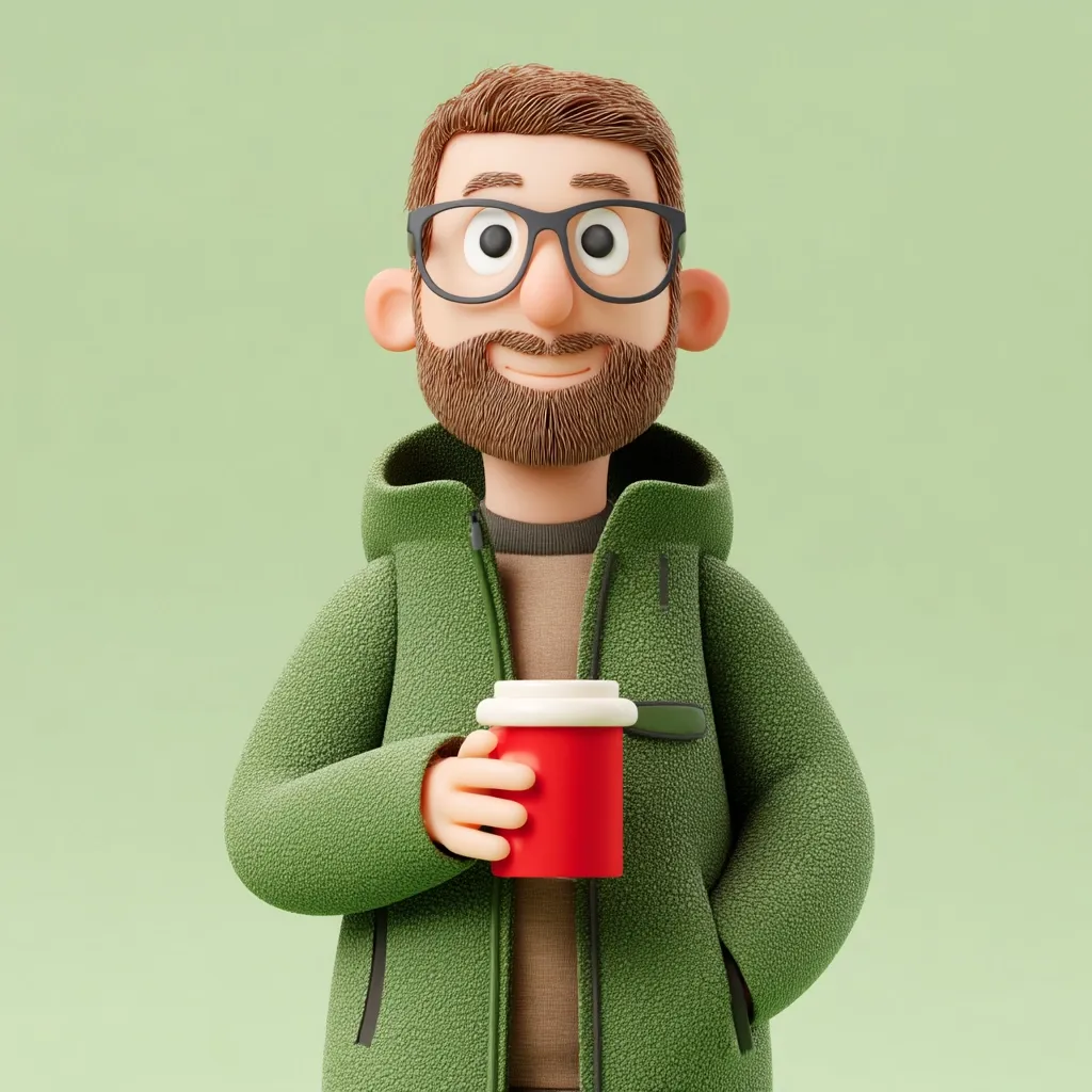 A cheerful 3D cartoon man with a beard and glasses is depicted. He's wearing a green fleece jacket and holding a red disposable coffee cup.  His expression is pleasant, and he stands against a light green background. The style is playful and slightly whimsical.