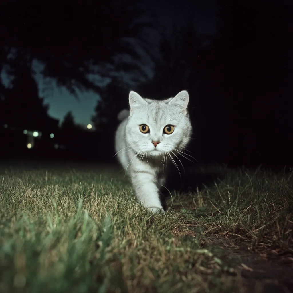 A grey British Shorthair cat walks towards the camera in a dark, grassy area at night.  The cat's eyes are bright, and its fur is visible against the dark background.  Blurred lights are seen in the distance. The scene is mysterious and evocative of a nighttime adventure.