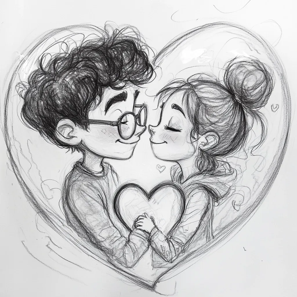 A charming pencil sketch depicts a young couple embracing within a heart-shaped frame. The boy, wearing glasses, leans in for a tender moment with the girl, her eyes closed peacefully.  Small hearts scatter the background, enhancing the romantic atmosphere. Their expressions and body language convey a sense of love and affection. The detailed shading creates depth and texture, making the drawing expressive and endearing.