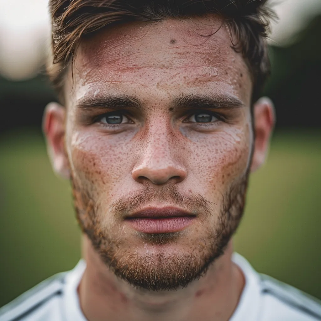 Close-up portrait of a young, fair-skinned man with light brown hair and a short beard.  His face is slightly sweaty, revealing freckles and a serious expression.  His eyes are light-colored and intense. He's wearing a white athletic shirt, suggesting a sporty or active lifestyle. The background is blurred, focusing attention on the subject's face.