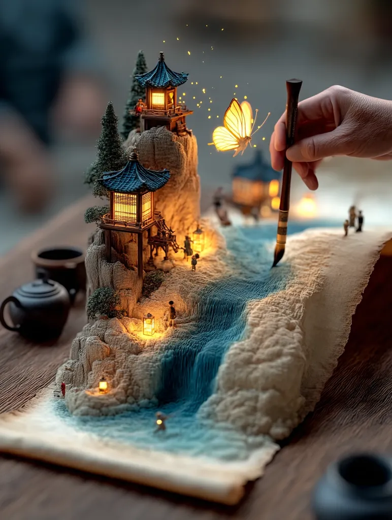 A miniature landscape unfolds on a parchment-like surface.  Two illuminated Asian-style houses perch atop a sculpted mountain, beside a flowing stream depicted in textured blue. Tiny figures populate the scene, adding to the whimsical atmosphere.  A hand delicately holds a brush, seemingly painting the scene, with a luminous butterfly nearby, enhancing the magical, artistic quality of the artwork.  Warm lighting illuminates the intricate details.
