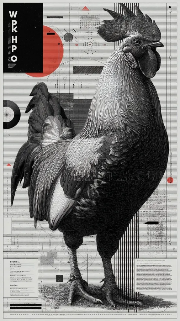 A detailed, monochrome illustration of a rooster dominates a poster.  The rooster is rendered with meticulous detail, showcasing its feathers and strong stance.  The artwork is overlaid with geometric shapes, lines, and technical-looking diagrams in shades of gray and red, creating a striking contrast between organic and geometric elements. Text is visible, but illegible, adding to the poster's abstract and artistic feel.  The overall style is a blend of realism and graphic design.