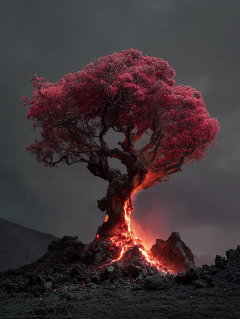 A vibrant pink tree stands majestically against a dark, brooding sky.  Molten lava flows from its base, creating a striking contrast between the fiery orange and the tree's delicate blossoms.  The lava spills onto dark volcanic rock, forming a dramatic and surreal landscape. The image evokes a sense of both beauty and destruction, a powerful juxtaposition of nature's forces.