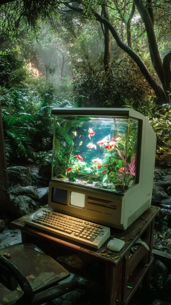 An old computer with a built-in fish tank sits on a wooden desk in a lush, overgrown forest setting.  Sunlight filters through the trees, casting a soft glow.  The tank is filled with goldfish and aquatic plants. The overall scene is serene and slightly surreal, blending technology with nature.  The computer and desk appear weathered, suggesting abandonment or a long period of disuse.