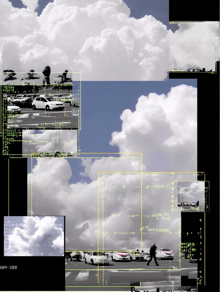 A collage juxtaposes a sunny sky filled with fluffy cumulus clouds against images of cars in a parking lot.  Overlaid are grids and digital code, suggesting data processing or surveillance. The aesthetic is a blend of natural imagery and technological elements, creating a visually striking and slightly disorienting effect.  A pedestrian walks through the parking lot, dwarfed by the scale of the sky and the overlaid digital information.