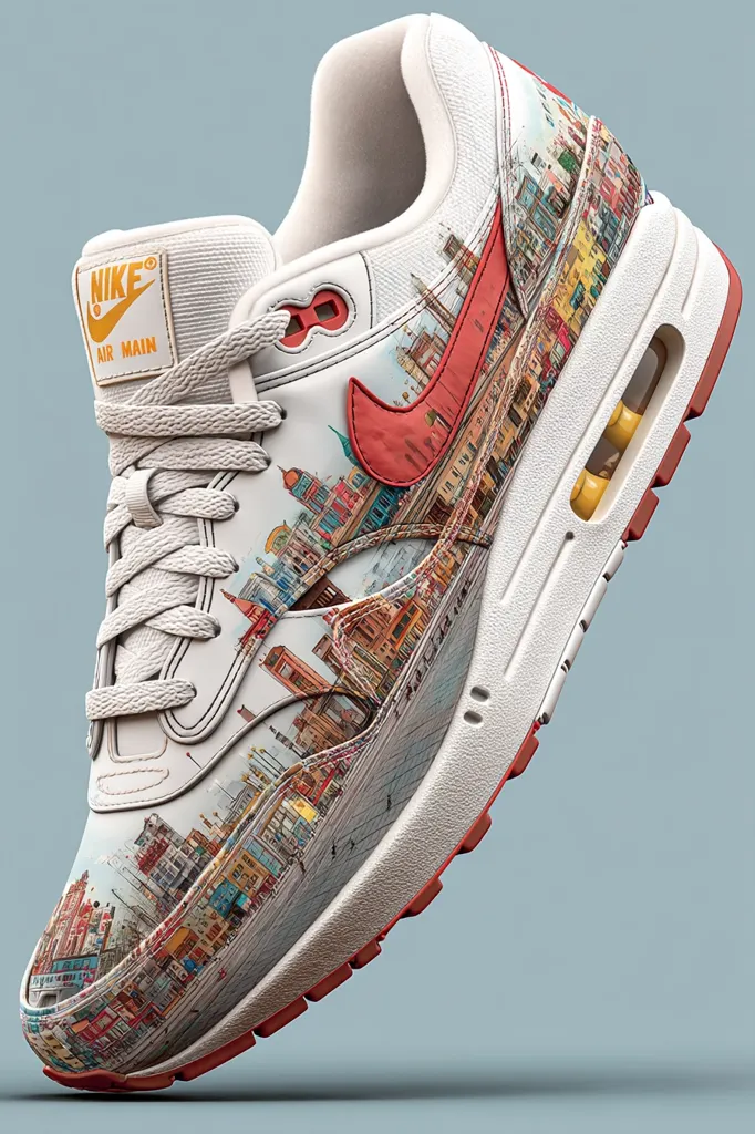 A Nike Air Max 1 sneaker is showcased, its design featuring a vibrant cityscape painted across the shoe's upper.  The artwork depicts buildings, bridges, and waterways in a style reminiscent of watercolor.  The iconic Nike swoosh is rendered in a contrasting red, complementing the predominantly off-white shoe and its detailed, artistic print.  The sole is a creamy off-white, with hints of red along the bottom edge.