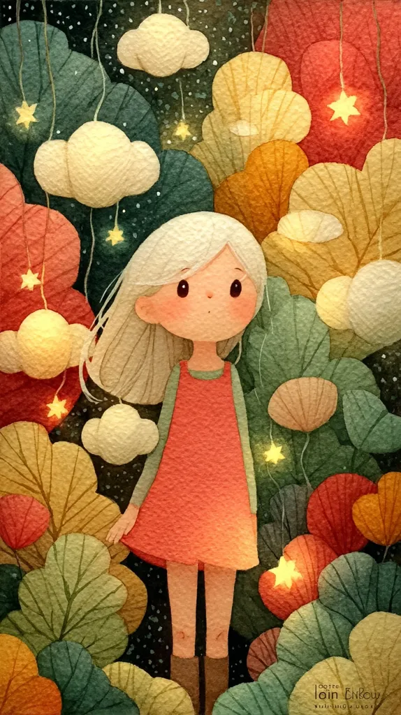 A watercolor illustration depicts a young girl with long, light hair standing amidst a whimsical landscape.  She wears a coral dress.  Surrounding her are stylized leaves in warm autumnal hues, and clouds strung with glowing stars hang from above. The overall style is charming and dreamlike, evoking a sense of wonder and tranquility.