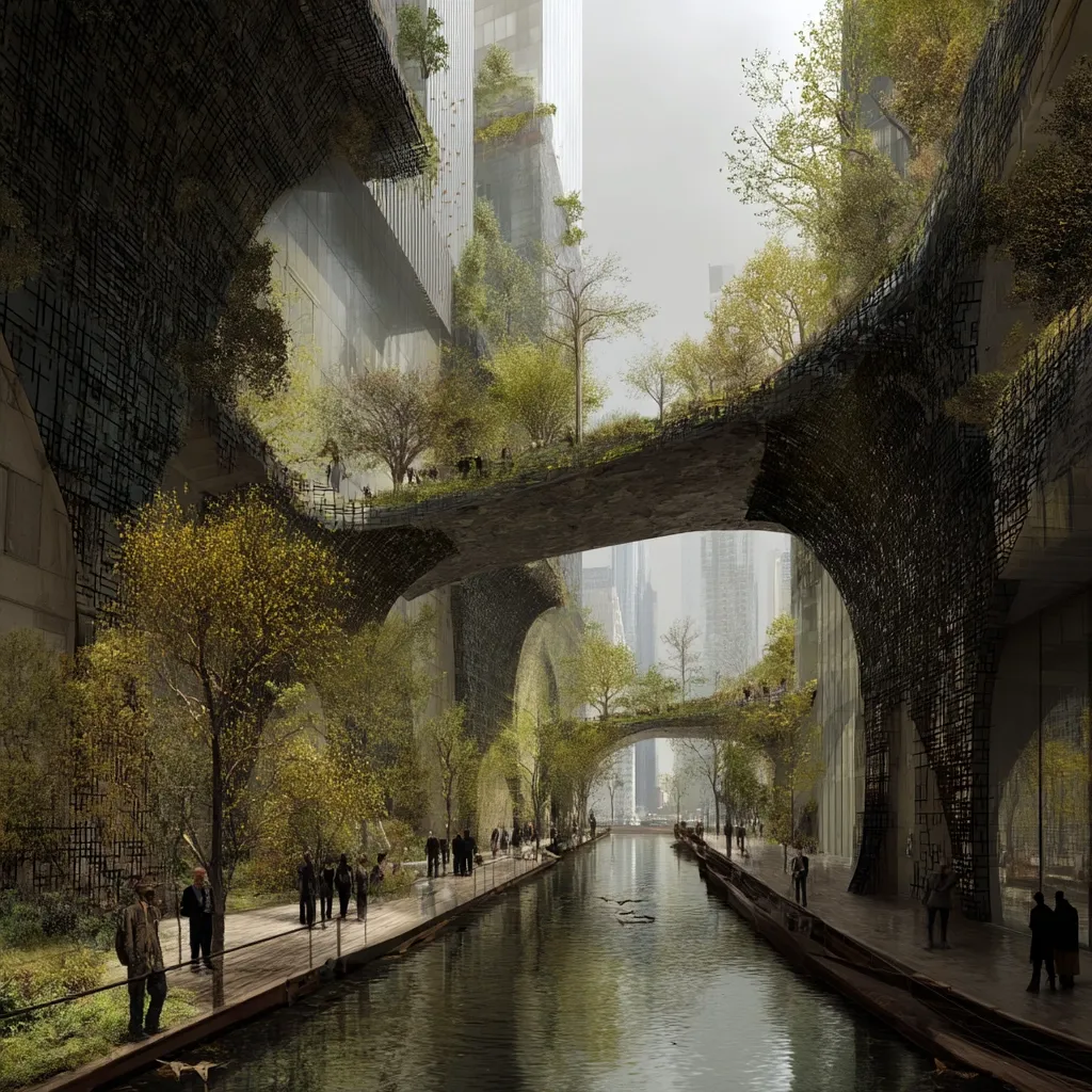 A futuristic cityscape features a tranquil canal flanked by elevated walkways interwoven with lush greenery.  Mature trees and plants sprout from integrated green spaces, creating a vibrant ecosystem within the city's architecture.  People stroll along the pathways, enjoying the unique blend of nature and urban design.  The overall atmosphere is one of serene coexistence between man-made structures and a thriving natural environment.