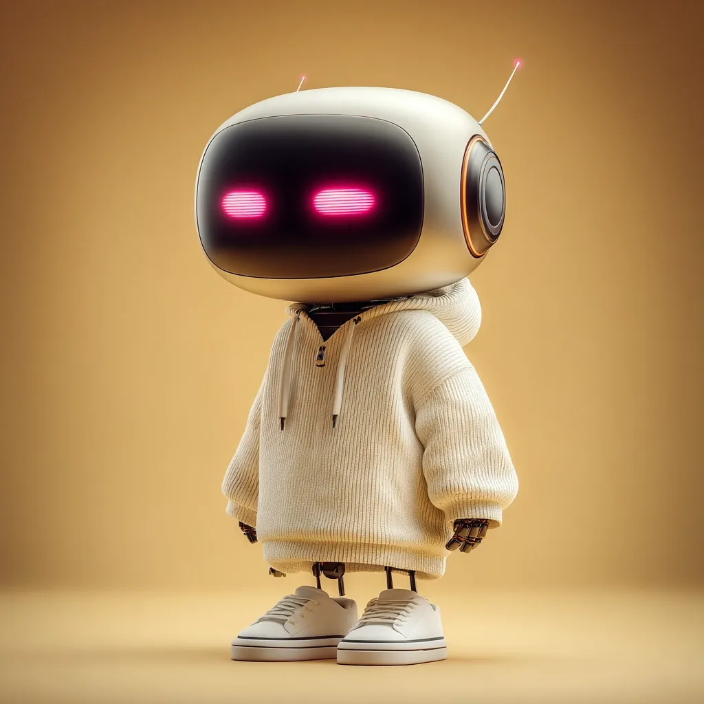 A charming, retro-styled robot is depicted wearing a cream-colored hoodie and white sneakers.  Its head is a sleek, silver and black design with glowing pink eyes.  The robot stands against a muted gold background, creating a visually appealing contrast.  The overall image is clean, modern, and evokes a sense of friendly AI.