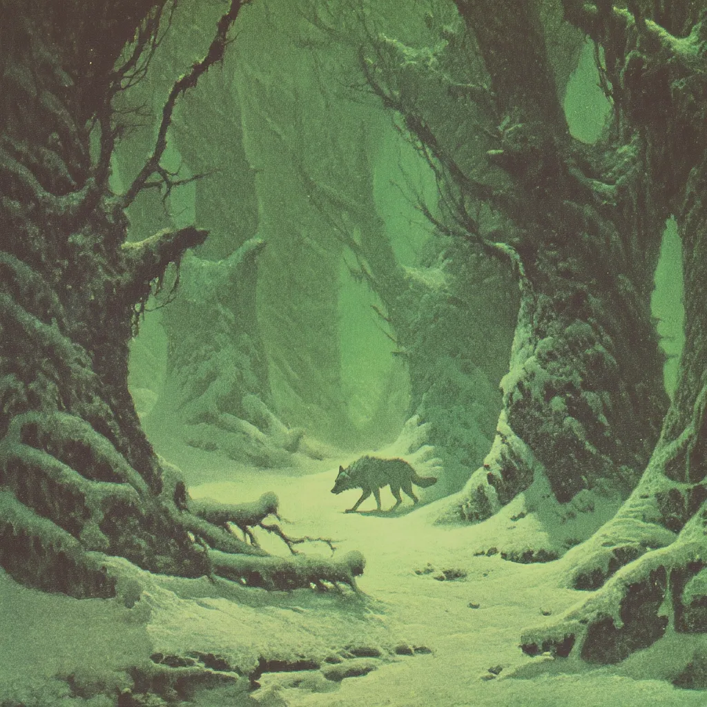 A lone wolf traverses a snow-covered forest path.  The trees are thick and gnarled, their branches heavy with snow, casting an eerie green glow over the scene.  A dense fog or mist hangs in the air, creating a mystical and somewhat ominous atmosphere.  The overall mood is one of quiet solitude and winter's chill.