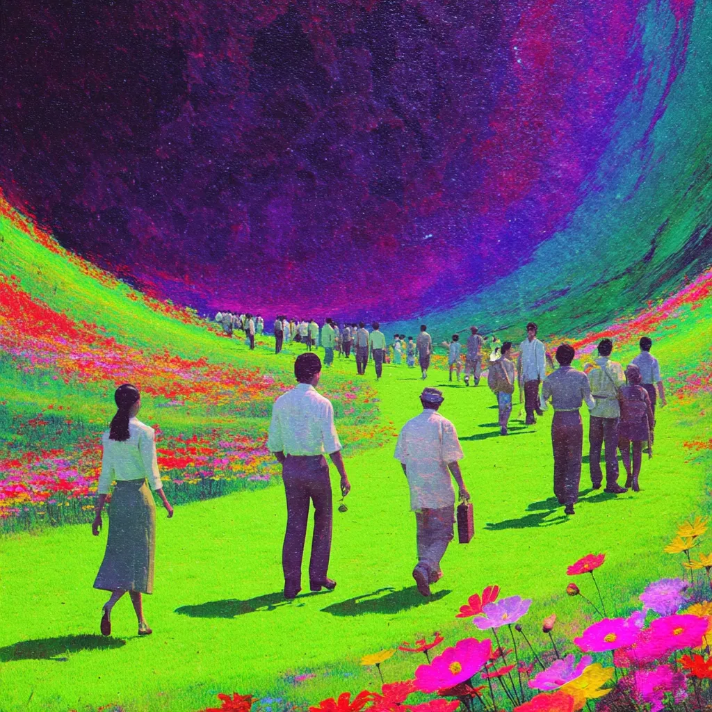 A vibrant, surreal landscape unfolds, bathed in neon greens and purples. A multitude of people walk along a path winding through a field of brightly colored flowers, their destination seemingly a cosmic, swirling void overhead. The scene is dreamlike and intensely saturated, suggesting a journey into an alternate reality or a collective subconscious.  The figures are small, emphasizing the vastness of the otherworldly setting.