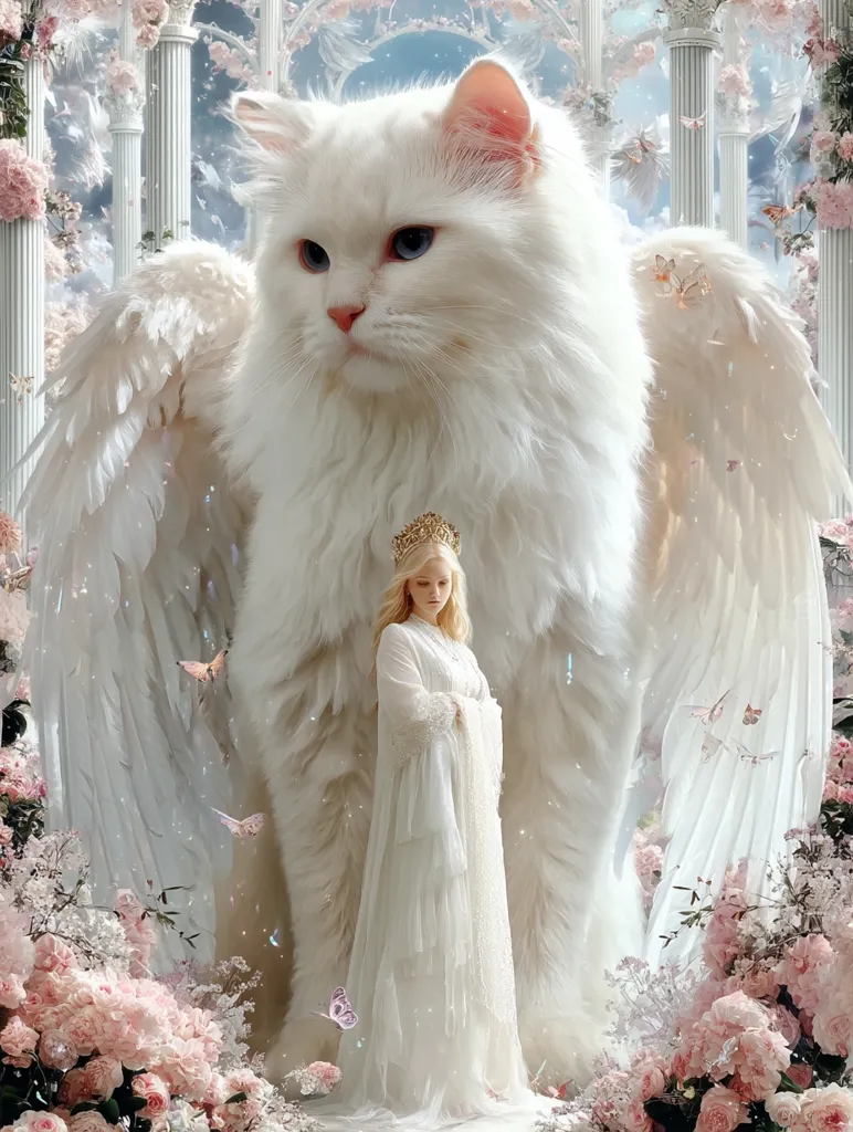 A majestic white cat with large, feathery angel wings stands amidst a breathtaking floral arrangement.  A woman in a flowing white gown, crowned and serene, stands before the cat.  The scene is ethereal and dreamlike, set against a backdrop of classical columns and soft, pastel colors, creating a mystical and beautiful image.  Butterflies flutter around them, enhancing the fantastical atmosphere.