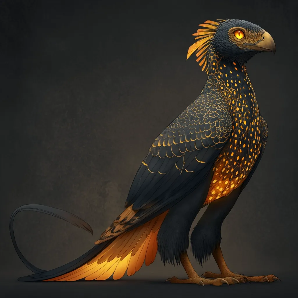 A majestic, stylized bird dominates the image.  Its plumage is predominantly dark, almost black, accented with vibrant, glowing orange and gold markings that seem to emanate an inner light.  The bird possesses a long, elegant tail curving gracefully behind it.  The creature has a powerful, hooked beak and intense, fiery orange eyes, giving it a regal and somewhat mythical appearance. The background is a muted, dark grey that accentuates the bird's vibrant colors.