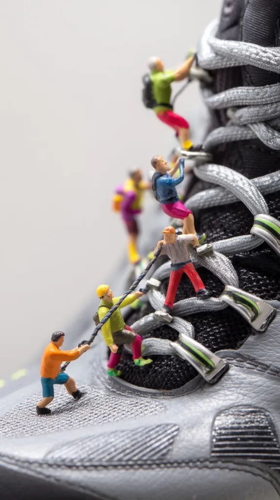 Miniature climbers ascend a large gray athletic shoe, using a rope for support.  The climbers are brightly colored and wearing backpacks.  The shoe laces act as a challenging climbing route.  The image is a creative juxtaposition, highlighting teamwork and perseverance in overcoming obstacles.