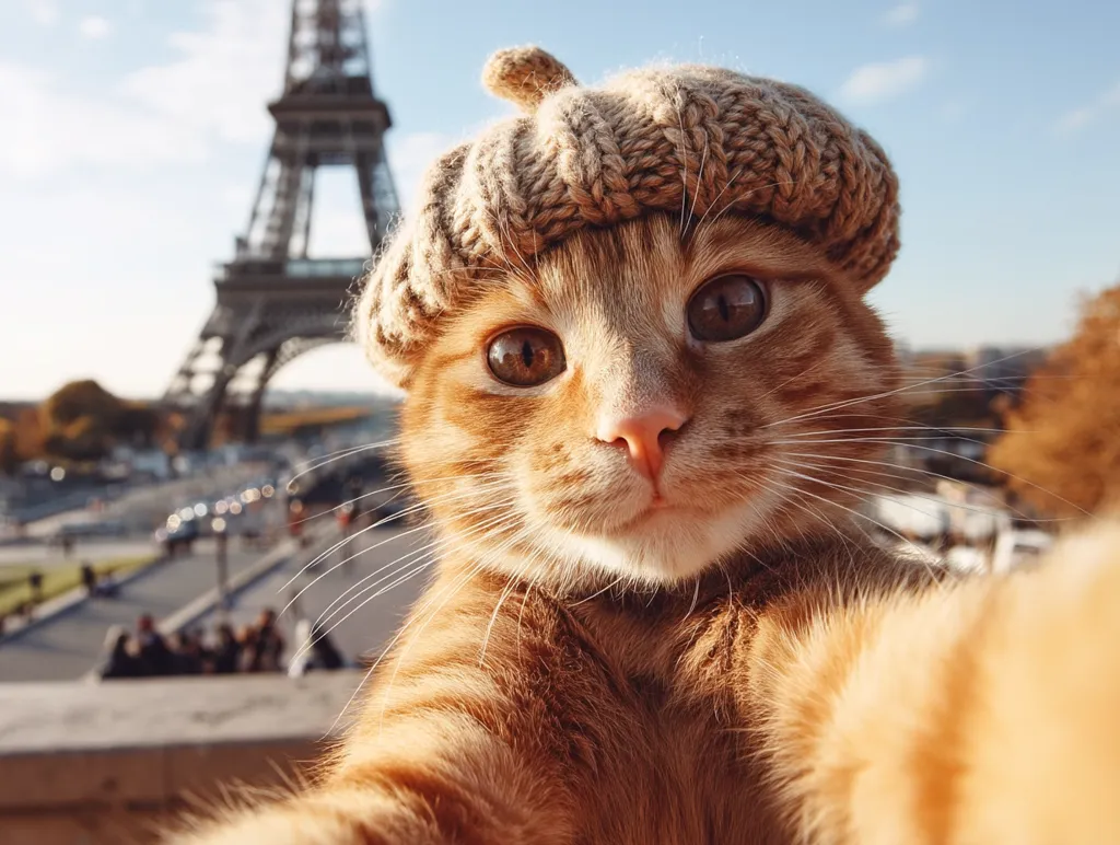 An orange tabby cat, wearing a knitted beret, takes a selfie in front of the Eiffel Tower.  The cat's expression is serious and endearing, its paw extended towards the camera. The background is slightly blurred, showcasing the Parisian landmark and a bustling city scene.  The image is warm and inviting, evoking a sense of travel and whimsy.