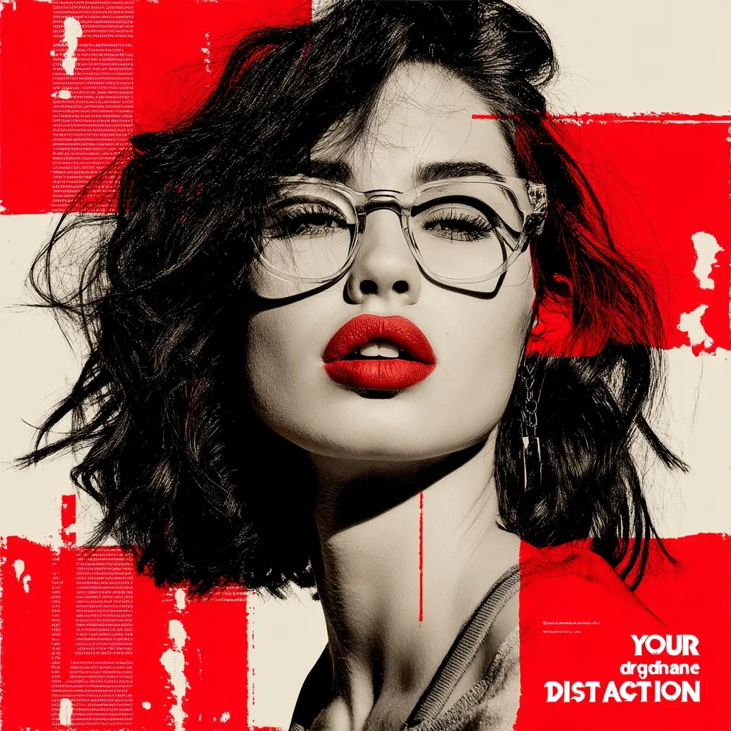 A stylized close-up portrait of a woman with dark, wavy hair wearing glasses.  Her lips are a bold red, contrasting with the monochrome tones of her face and the red and off-white background.  Abstract red paint strokes and text overlay the image, creating a visually striking and modern aesthetic. The text "YOUR drgdhane DISTACTION" is visible in the lower right corner.