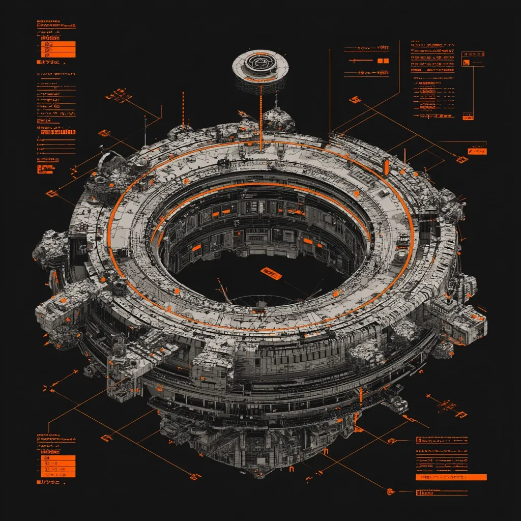 A detailed isometric illustration showcases a complex, ring-shaped space station or orbital structure.  Its intricate design features numerous interconnected levels, corridors, and modules.  Surrounding the main structure are smaller auxiliary components and what appear to be technical schematics and data readouts in an orange and grey color scheme against a black background, enhancing its futuristic, technological aesthetic. The overall style suggests a detailed architectural blueprint or a design concept.