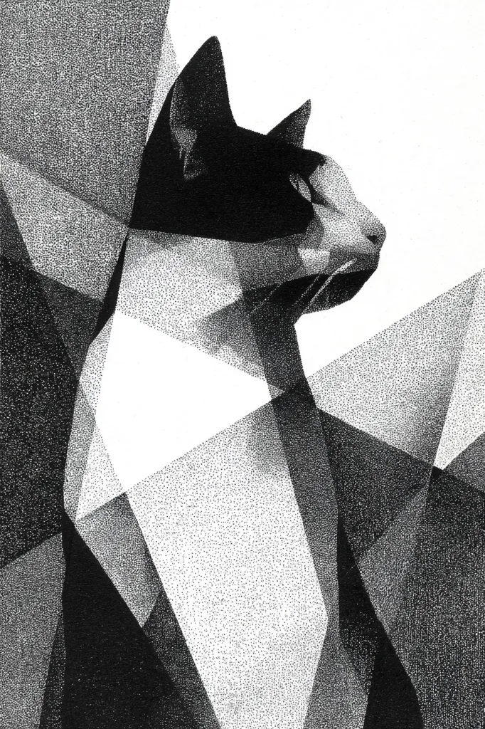 A pointillist-style black and white drawing depicts a cat's head and shoulders.  The cat is rendered in a geometric, fragmented style, with overlapping black and white shapes creating a sense of depth and texture.  The background is similarly textured, featuring abstract geometric forms that seem to interact with the cat's form. The overall effect is both modern and artistic.