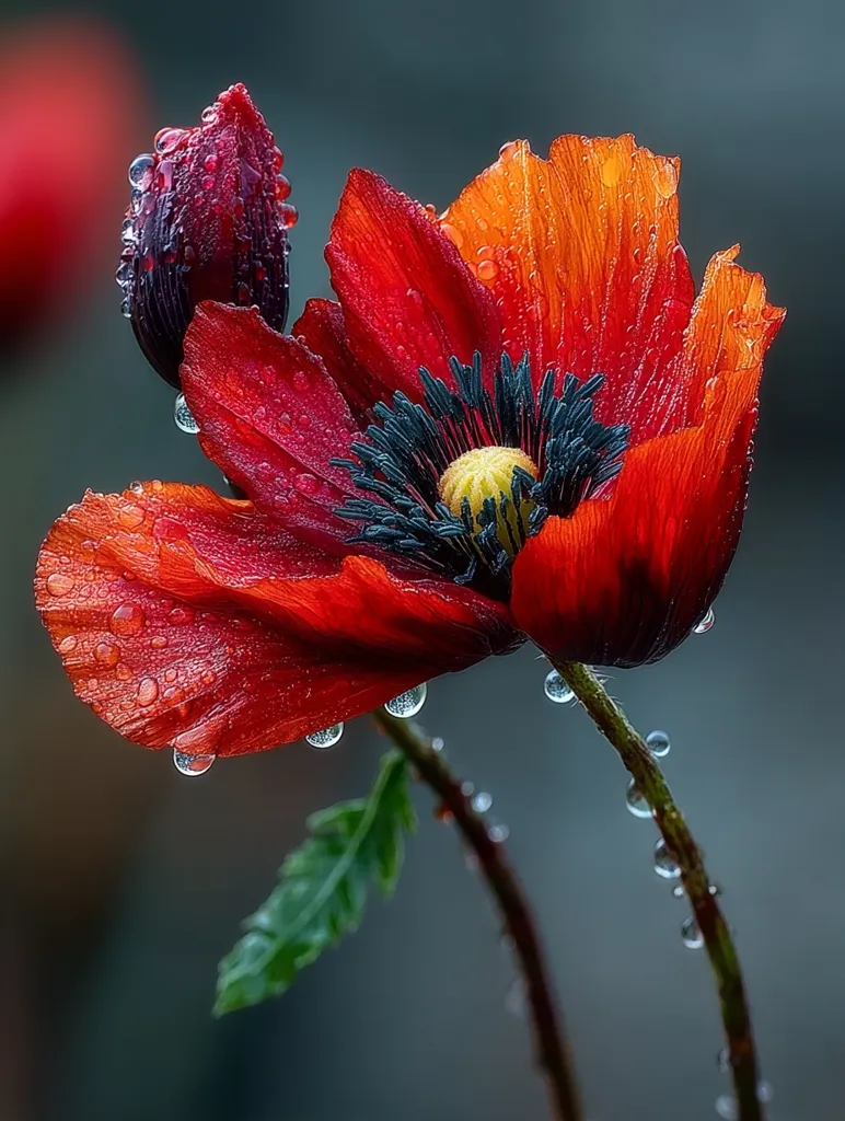 A vibrant red poppy, glistening with raindrops, takes center stage.  Its petals, a mix of deep crimson and fiery orange, are delicately textured.  A smaller, unopened bud sits beside the bloom, also adorned with water droplets. The dark, almost black stamen contrasts beautifully against the bright petals. The background is blurred, drawing focus to the exquisite detail of the flower and its watery adornments.