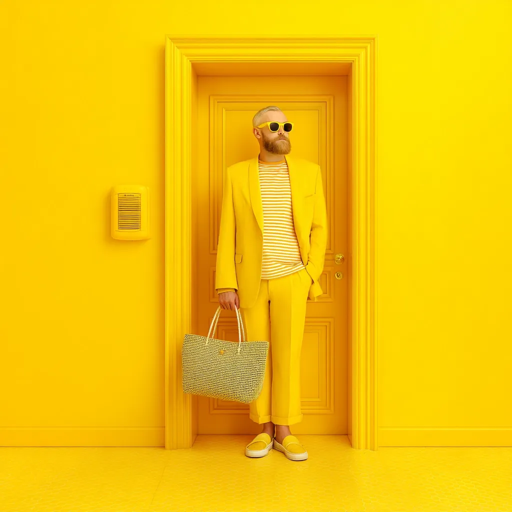 A stylish man with a blonde beard and sunglasses stands in a vibrant yellow room. He's dressed in a matching yellow suit and striped shirt, carrying a light beige woven tote bag.  He is positioned in front of a yellow door in a yellow doorway, creating a monochromatic, bold visual.  The overall scene is striking and saturated with yellow.