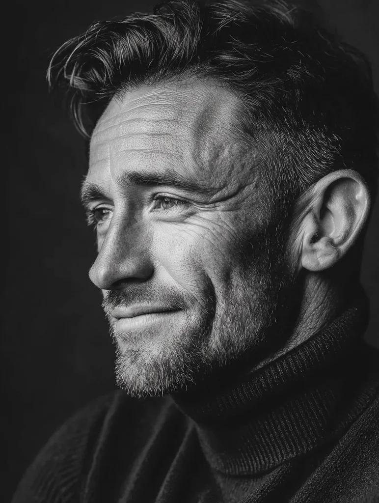 A black and white close-up portrait captures a man's profile.  His face, etched with lines suggesting age and experience, is softly lit, highlighting his thoughtful expression.  His dark hair is styled neatly, and he wears a turtleneck sweater. The overall mood is contemplative and serious, emphasizing texture and shadow.