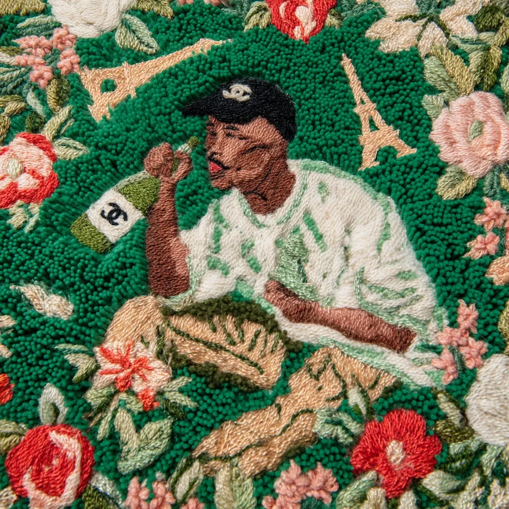 A detailed embroidered artwork depicts a man in a Chanel cap and shirt, seated amidst a lush green floral landscape. He holds a Chanel-branded bottle, suggesting a relaxed, celebratory atmosphere.  The Eiffel Tower is subtly embroidered throughout the green background, adding a Parisian flair to the scene.  The style is meticulously crafted with rich colors and textures.