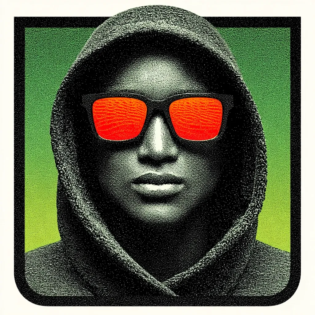 A stylized portrait of a person wearing a dark hoodie and vibrant orange sunglasses. The image is framed in a dark green square, creating a striking contrast. The person's face is partially obscured by the hood, yet their features are sharply defined in a pointillist style. The overall aesthetic is bold and graphic, suggesting a sense of mystery or anonymity.