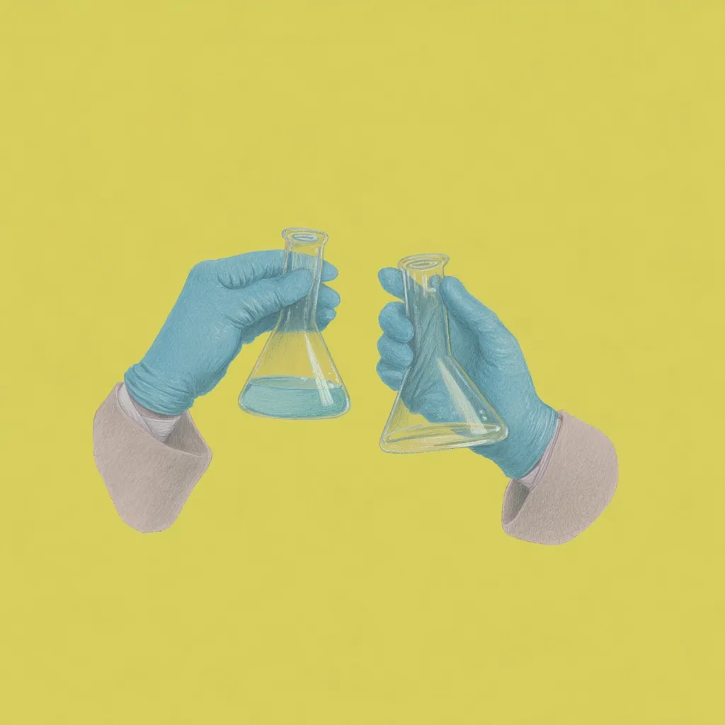 Two hands, gloved in light blue, hold Erlenmeyer flasks against a vibrant yellow background. One flask contains a light blue liquid. The illustration style is reminiscent of scientific drawings or illustrations, employing a simple, clean aesthetic.  The image suggests collaboration or a scientific discovery.