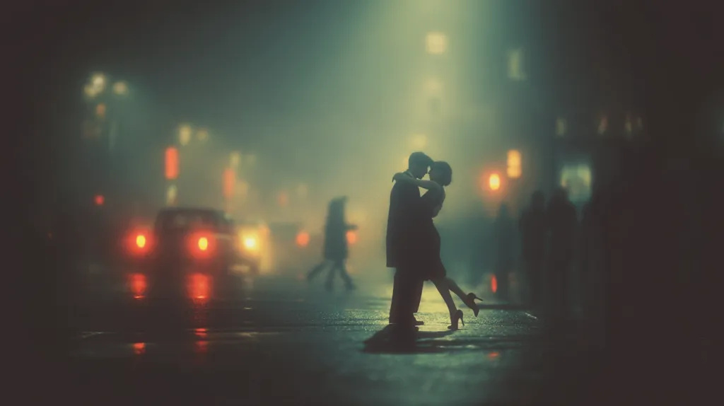 A silhouetted couple embraces passionately on a rain-slicked city street at night.  The background blurs with soft, hazy lights from buildings and passing cars, creating a romantic and nostalgic atmosphere.  The focus remains sharply on the entwined figures, highlighting their intimacy against the backdrop of urban life.  The overall mood is one of quiet romance and mystery.