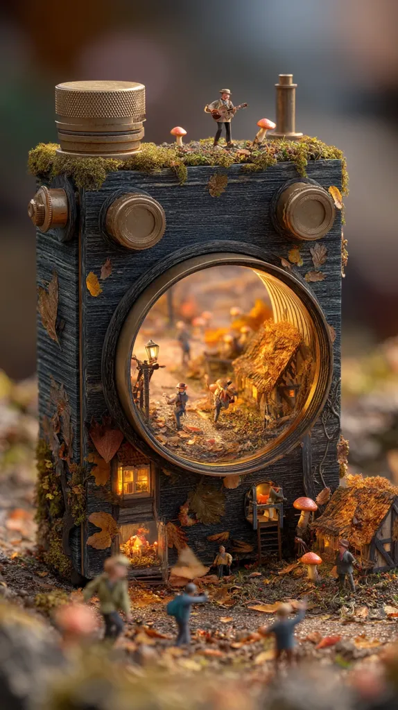 A miniature autumnal village scene is nestled inside a meticulously crafted, antique-style camera.  Tiny figures populate the village, with one playing a guitar on the camera's top.  The camera's lens acts as a window to the illuminated village, complete with thatched roofs, a lamppost, and autumnal foliage.  The overall effect is whimsical and enchanting, showcasing incredible artistry and attention to detail.