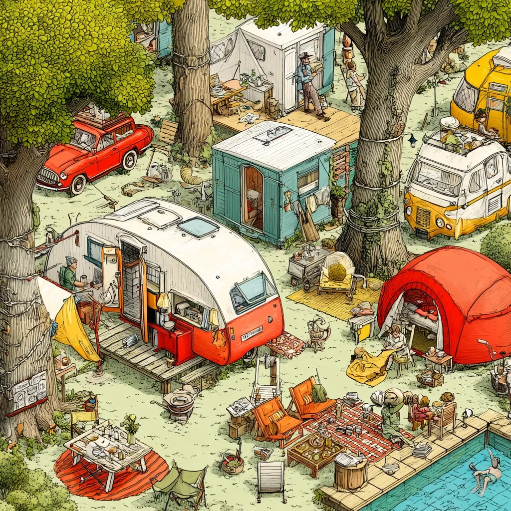 A vibrant illustration depicts a whimsical campsite nestled amidst towering trees.  Retro caravans, campers, and tents are scattered across the verdant lawn, showcasing various activities.  People relax, cook, and swim, enjoying a tranquil outdoor experience. The detailed artwork features a charming mix of vintage vehicles and contemporary camping gear, creating a nostalgic atmosphere. A small pool adds a refreshing element to the idyllic scene.