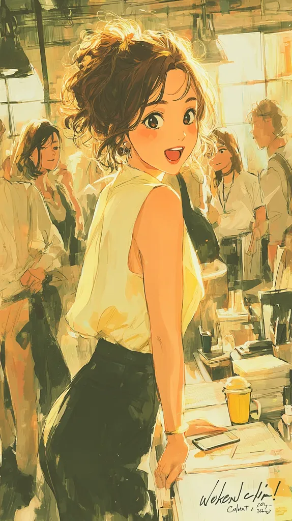 A stylish young woman with brown hair pulled back in a bun smiles brightly, her expression full of joy. She's dressed in a pale yellow sleeveless top and dark pants, standing in a bustling cafe setting. Other individuals are visible in the background, engrossed in their own activities, creating a lively atmosphere. The artwork is painted in a warm, impressionistic style with visible brushstrokes, emphasizing the bright lighting and cheerful mood.  The words "Weekend café!" are inscribed at the bottom.