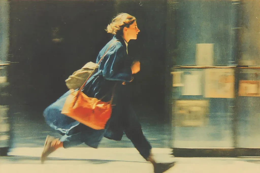 A woman in a blue coat runs through a city street, her orange bag swinging. The image is blurred, suggesting motion.  The background features out-of-focus glass storefronts and muted colors, creating a sense of urban anonymity and speed.  Her expression is unseen, adding to the mystery of her hurried journey.