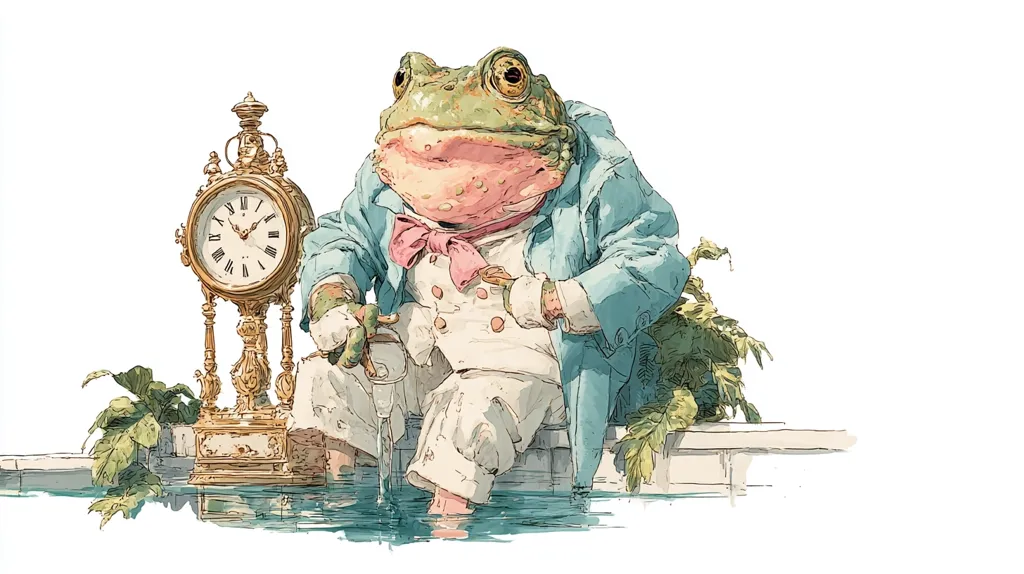 A sophisticated frog, dressed in a light blue suit and pink bow tie, sits by a pool.  He holds a glass and is positioned next to an ornate gold clock. Lush greenery surrounds him, adding to the whimsical, almost fairytale-like, ambiance of the scene. The frog appears to be enjoying a leisurely moment by the water.