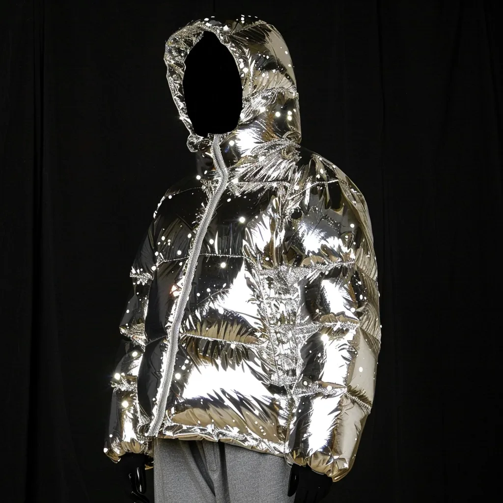 A silver, highly reflective puffer jacket with a hooded design is showcased against a black backdrop.  The jacket features a quilted pattern and subtle embellishments, possibly small studs or rhinestones.  The model is unseen, only the jacket is visible, highlighting its shimmering, metallic finish. The jacket is cropped, worn over grey sweatpants, creating a stylish, modern look.