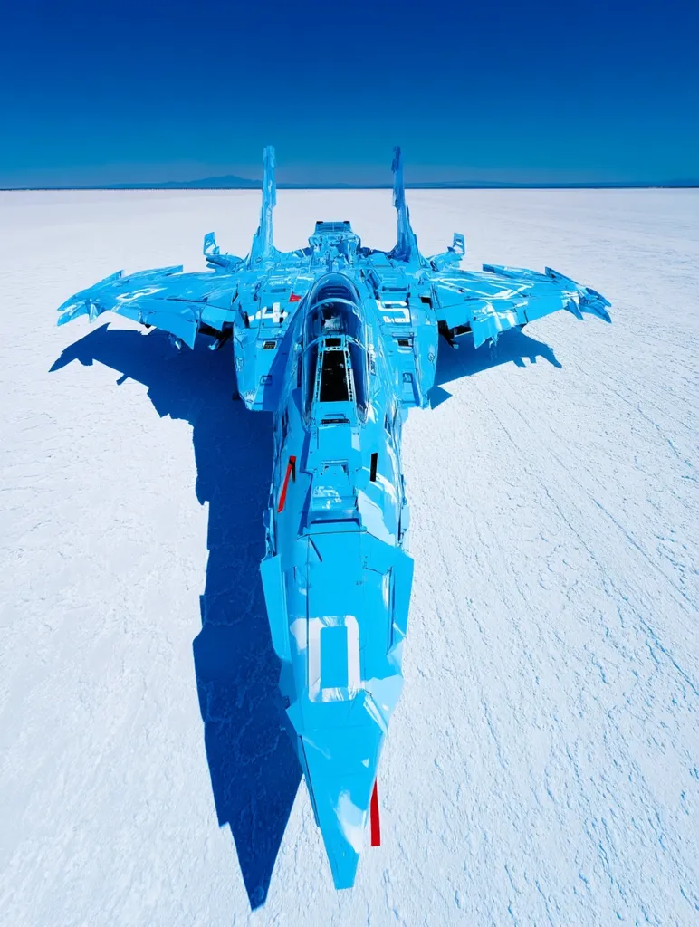A light blue fighter jet, seemingly modified, sits on a vast, white, flat expanse, possibly a salt flat.  The jet's design is angular and futuristic, with unique markings on its surface. The clear blue sky provides a stark contrast to the aircraft and the ground. The scene evokes a sense of isolation and technological advancement.  The jet's shadow is visible on the ground.