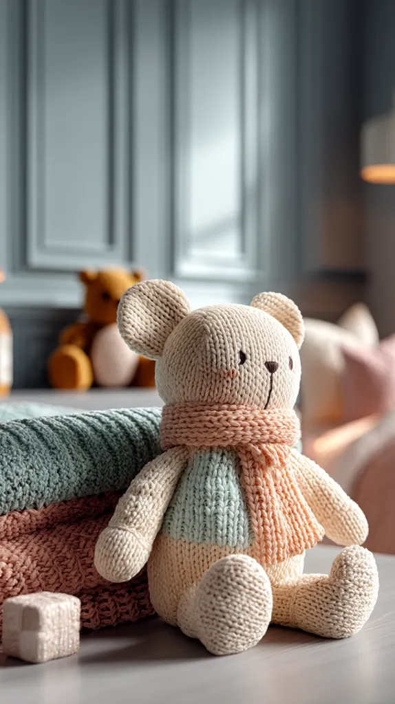 A charming knitted teddy bear, adorned with a pastel pink and mint green scarf, sits on a gray surface.  Soft, muted colored knitted blankets are stacked behind it, suggesting a cozy nursery setting.  A blurred background hints at a sophisticated, light-grey paneled wall and another teddy bear.  The overall image evokes a feeling of calm and gentle childhood.