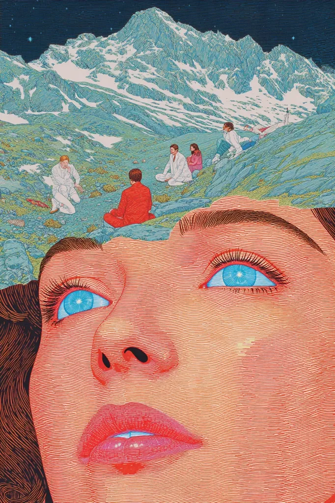 A surreal illustration features a woman's face dominating the lower half, her bright blue eyes gazing upwards.  Above her, nestled within the contours of her face, a serene scene unfolds: several figures meditate in a mountainous landscape under a starlit sky.  The style is meticulous, with detailed linework creating a textured effect on both the face and the background. The overall impression is one of peaceful contemplation and dreamscape imagery.
